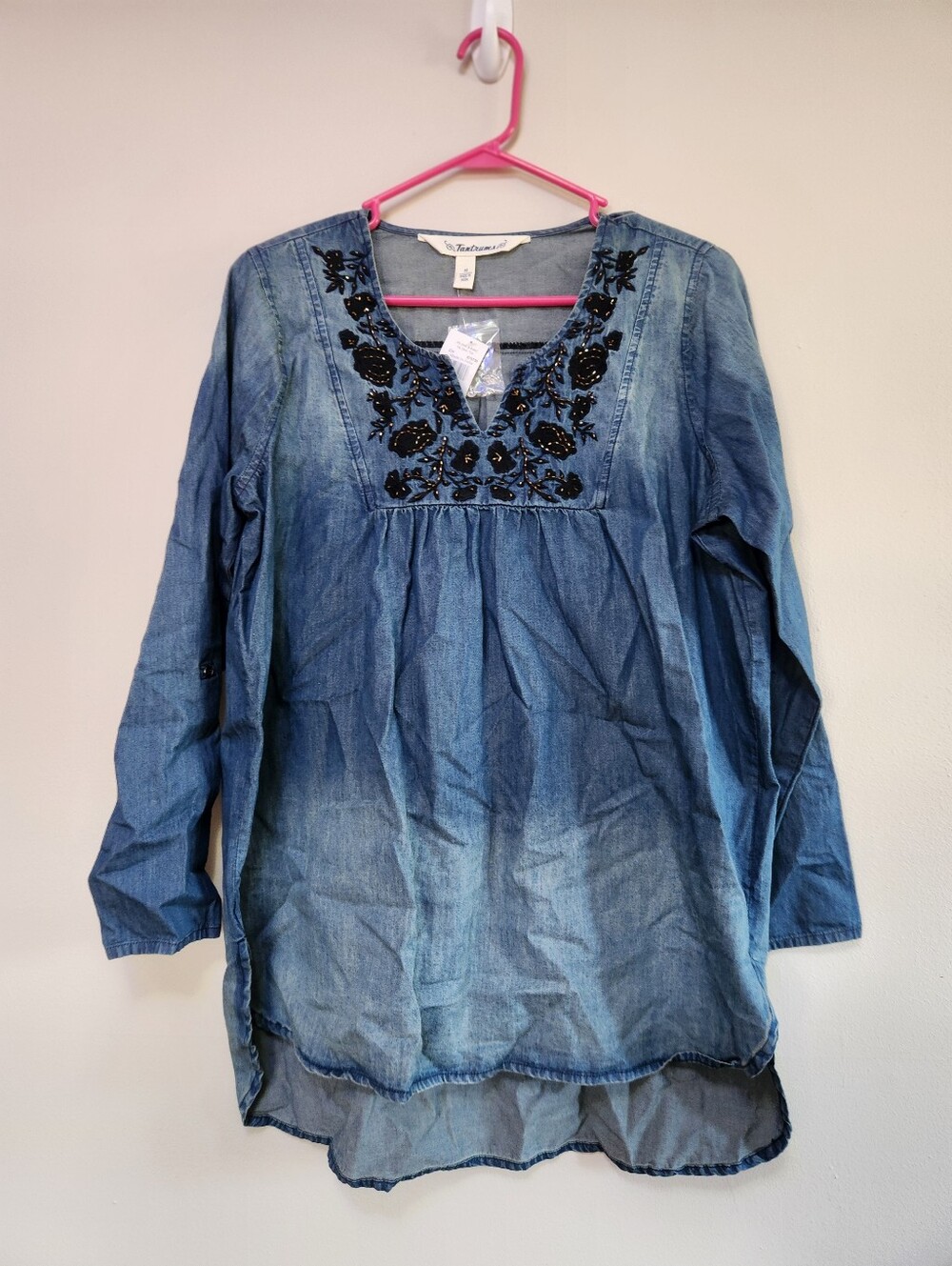 Tantrums Denim Embroidered Peasant Babydoll Top NWT Large Country Western Hippie